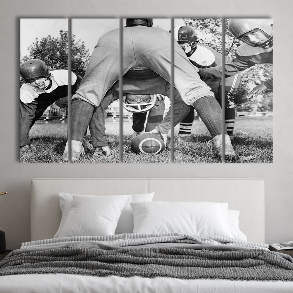 College Football Players Black and White Art Vintage Sports Photography, 5 Pieces Large Canvas Print