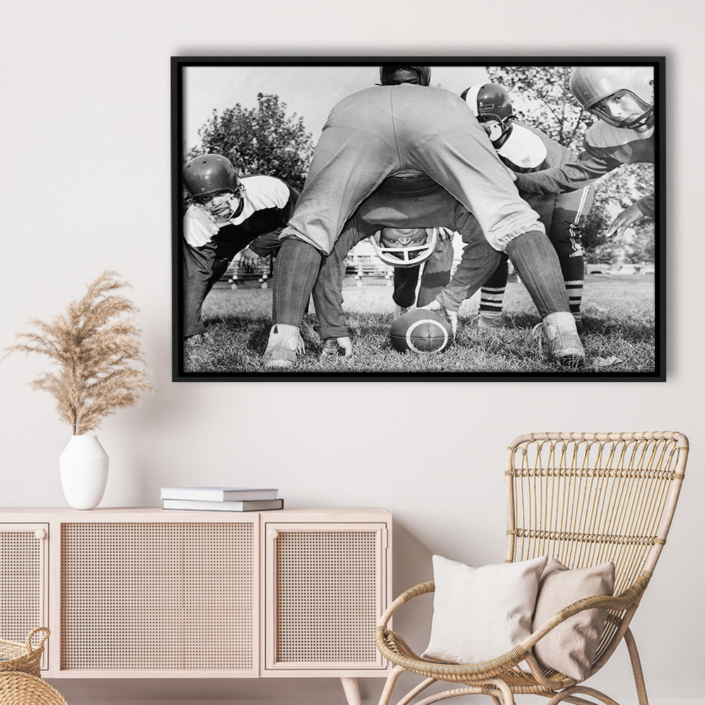 College Football Players Black and White Art Vintage Sports Photography, Floating Framed Canvas Print