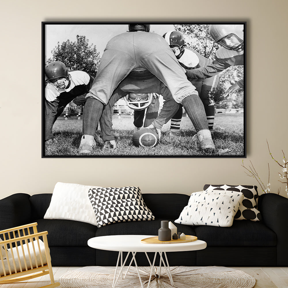 College Football Players Black and White Art Vintage Sports Photography, Floating Framed Canvas Print