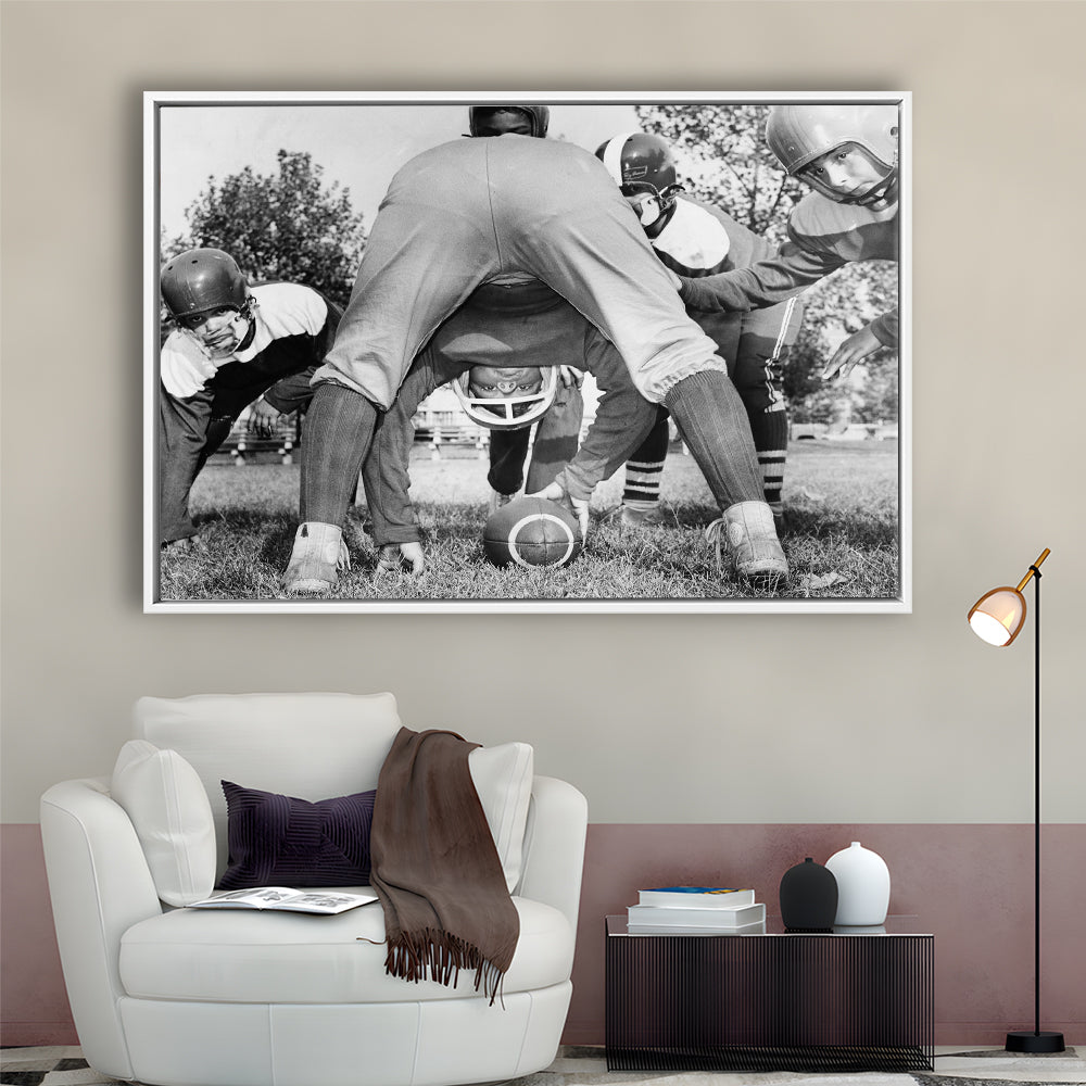 College Football Players Black and White Art Vintage Sports Photography, Floating Framed Canvas Print