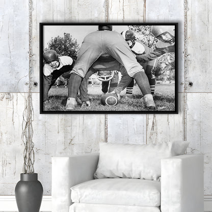 College Football Players Black and White Art Vintage Sports Photography, Floating Framed Canvas Print
