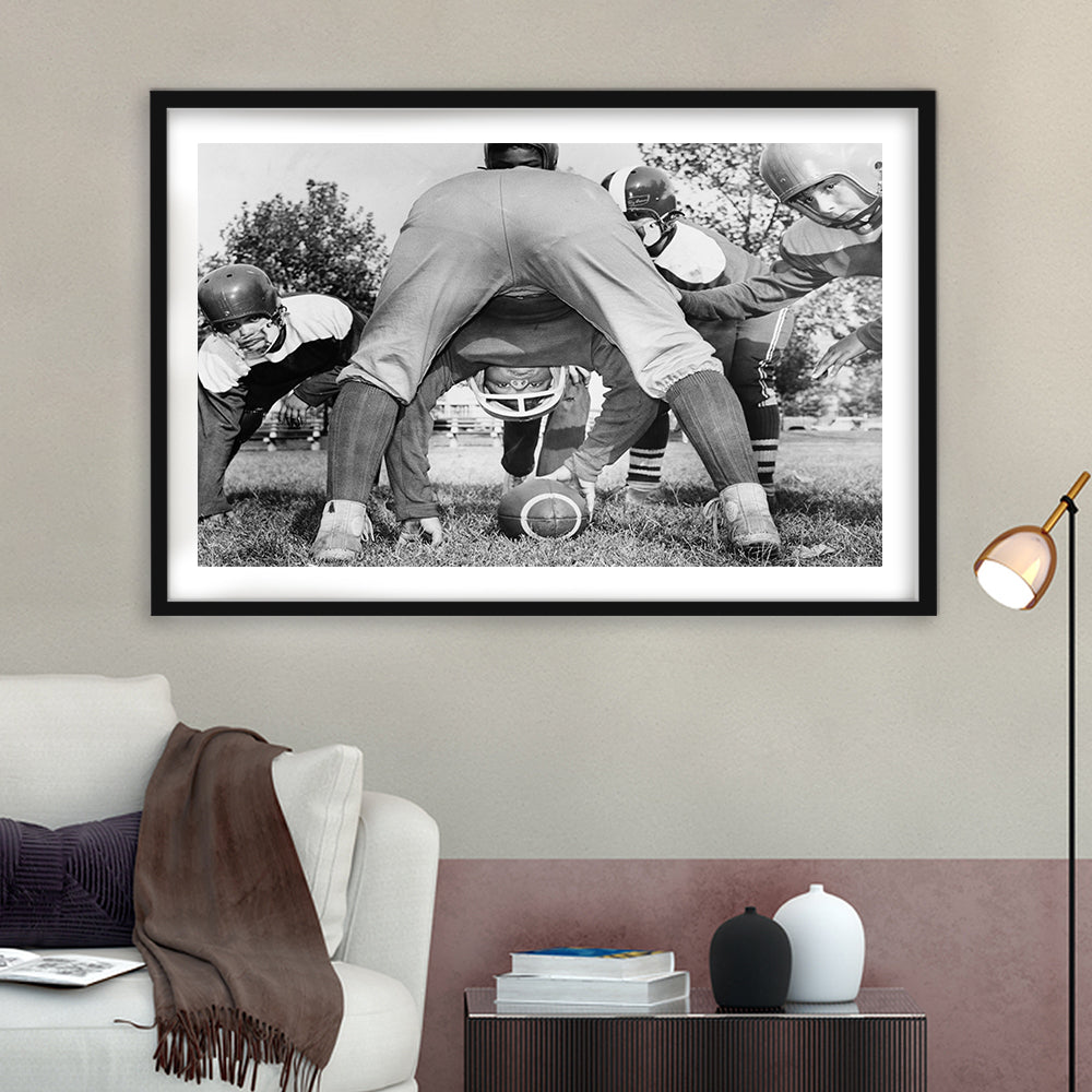 College Football Players Black and White Art Vintage Sports Photography, Framed Art Print White Border Wall Decor