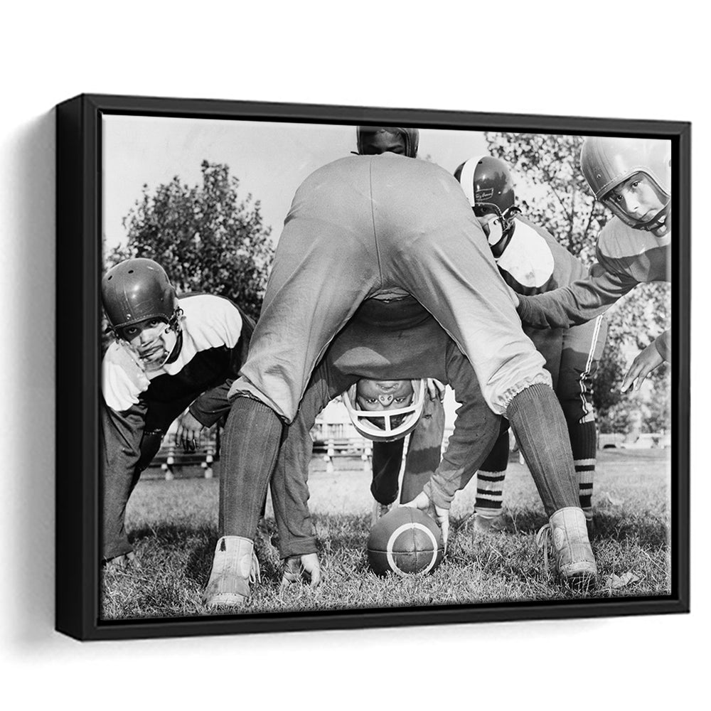 College Football Players Black and White Art Vintage Sports Photography, Floating Framed Canvas Print