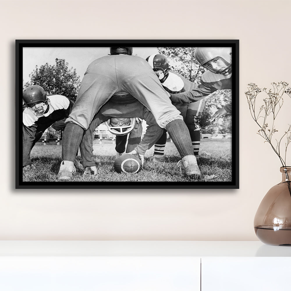 College Football Players Black and White Art Vintage Sports Photography, Floating Framed Canvas Print