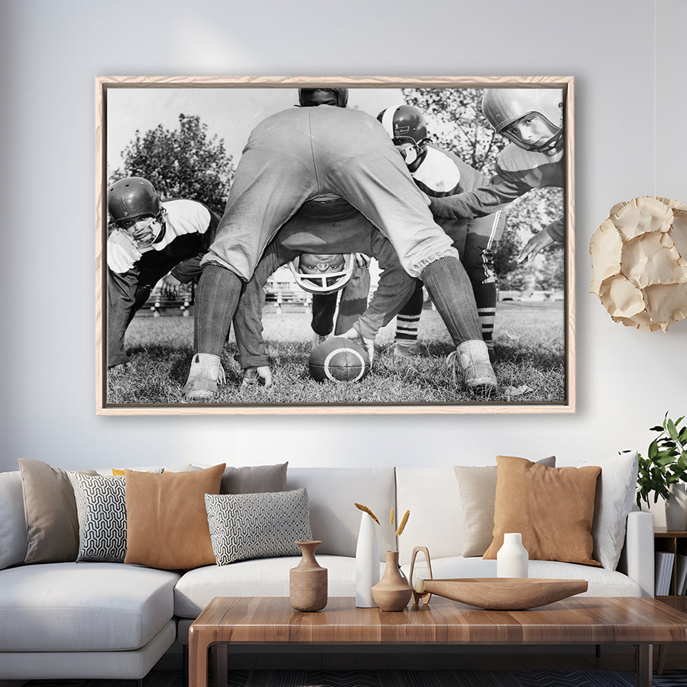 College Football Players Black and White Art Vintage Sports Photography, Floating Framed Canvas Print