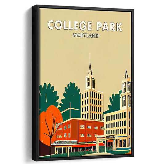College Park Maryland Retro Art Print, Maryland City Wall Art, Floating Framed Canvas Print, Framed Picture, Painting Canvas