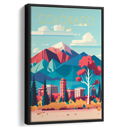 Colorado Springs Retro Art Print, Colorado Springs City Wall Art, Floating Framed Canvas Print, Framed Picture, Painting Canvas