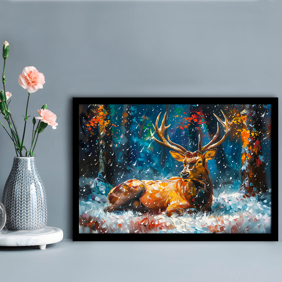 Colorful Elk And White Snow, Framed  Print, Painting Art, Framed Art Print Wall Decor, Framed Picture