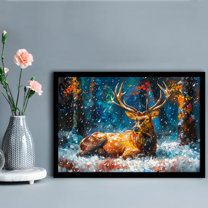 Colorful Elk And White Snow, Framed  Print, Painting Art, Framed Art Print Wall Decor, Framed Picture