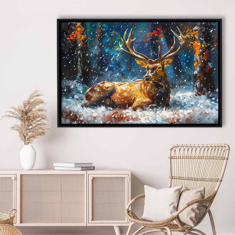 Colorful Elk And White Snow, Framed Canvas Print, Painting Art, Floating Framed Canvas Print Wall Art