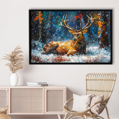 Colorful Elk And White Snow, Framed Canvas Print, Painting Art, Floating Framed Canvas Print Wall Art