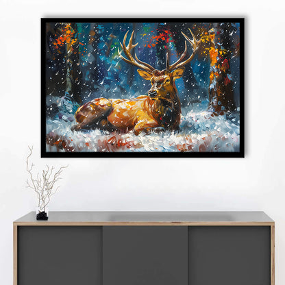 Colorful Elk And White Snow, Framed  Print, Painting Art, Framed Art Print Wall Decor, Framed Picture