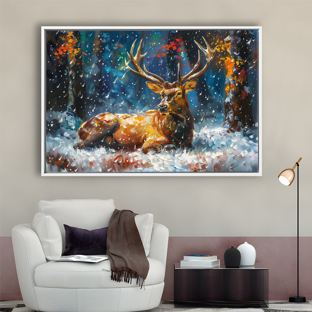 Colorful Elk And White Snow, Framed Canvas Print, Painting Art, Floating Framed Canvas Print Wall Art