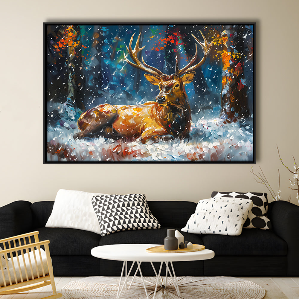 Colorful Elk And White Snow, Framed Canvas Print, Painting Art, Floating Framed Canvas Print Wall Art