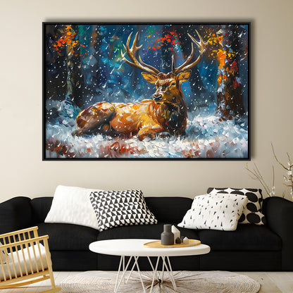 Colorful Elk And White Snow, Framed Canvas Print, Painting Art, Floating Framed Canvas Print Wall Art