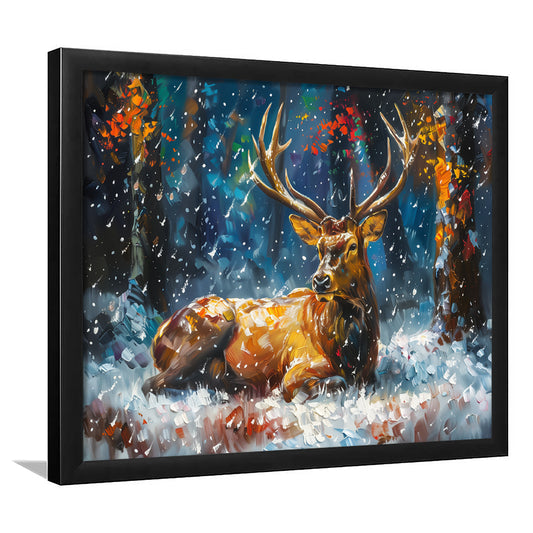 Colorful Elk And White Snow, Framed  Print, Painting Art, Framed Art Print Wall Decor, Framed Picture
