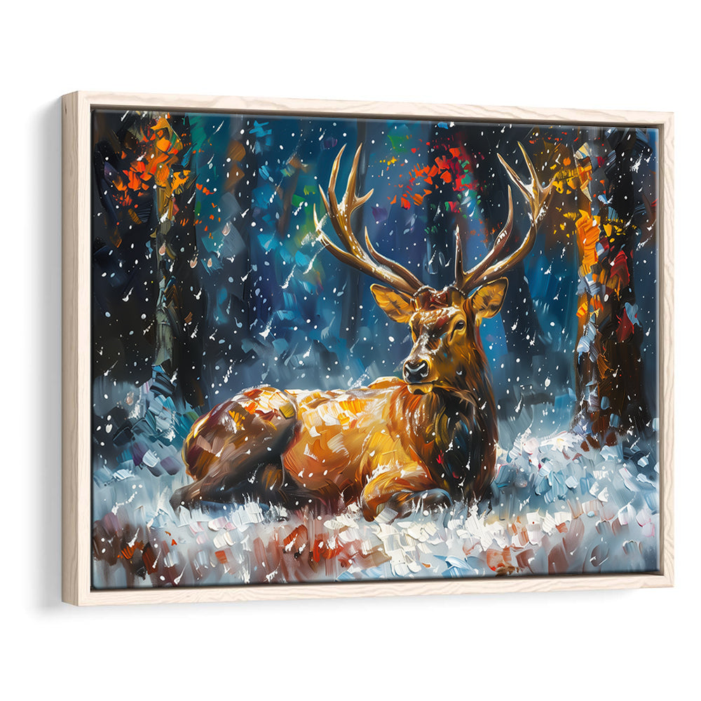 Colorful Elk And White Snow, Framed Canvas Print, Painting Art, Floating Framed Canvas Print Wall Art
