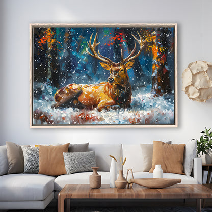 Colorful Elk And White Snow, Framed Canvas Print, Painting Art, Floating Framed Canvas Print Wall Art
