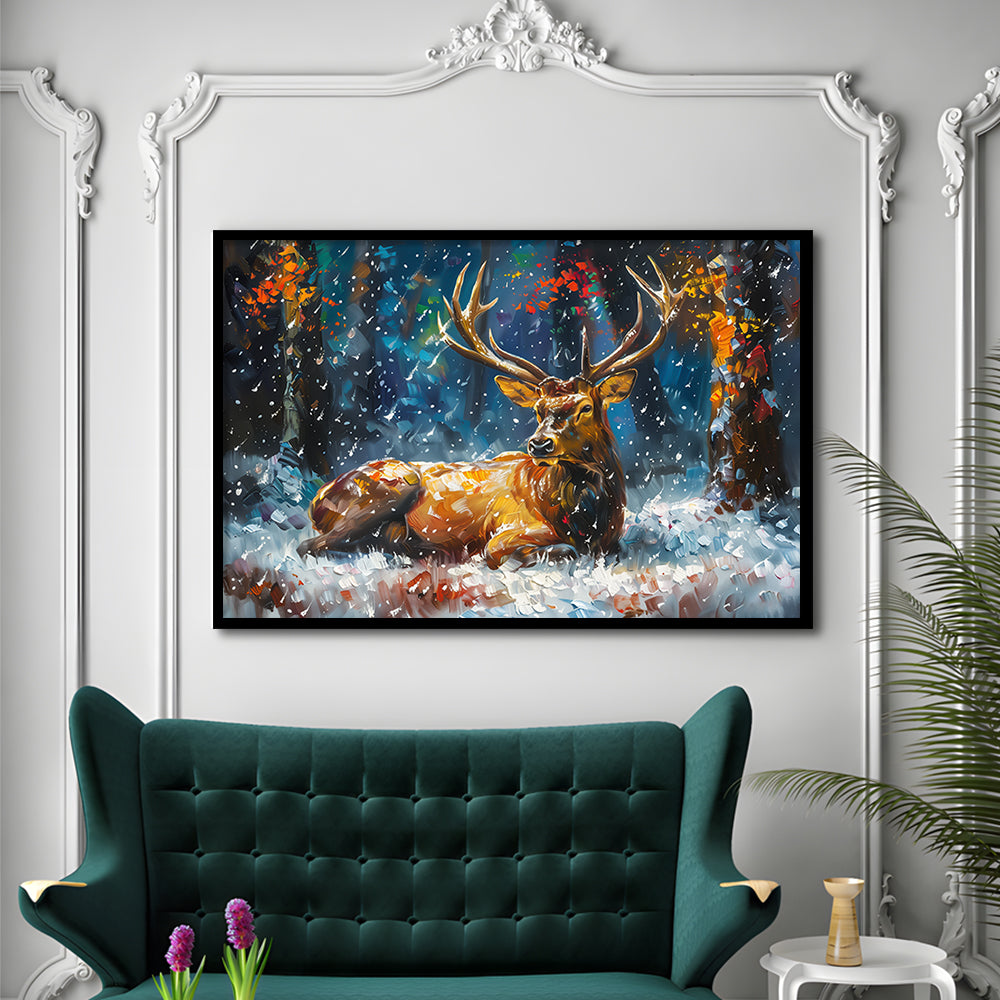 Colorful Elk And White Snow, Framed  Print, Painting Art, Framed Art Print Wall Decor, Framed Picture