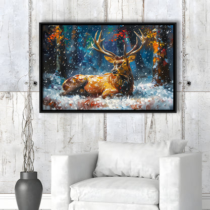 Colorful Elk And White Snow, Framed Canvas Print, Painting Art, Floating Framed Canvas Print Wall Art