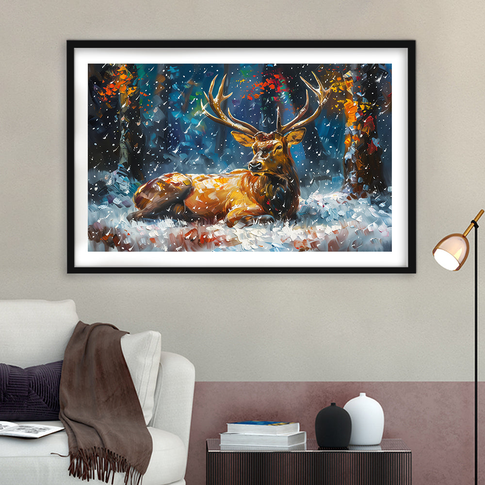 Colorful Elk And White Snow, Framed  Print, Painting Art, Framed Art Print White Border Wall Decor