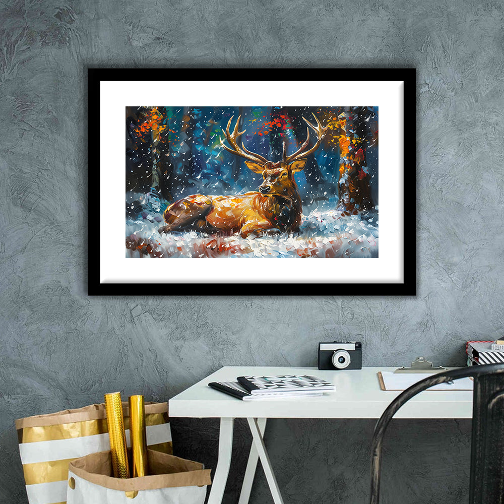 Colorful Elk And White Snow, Framed  Print, Painting Art, Framed Art Print White Border Wall Decor
