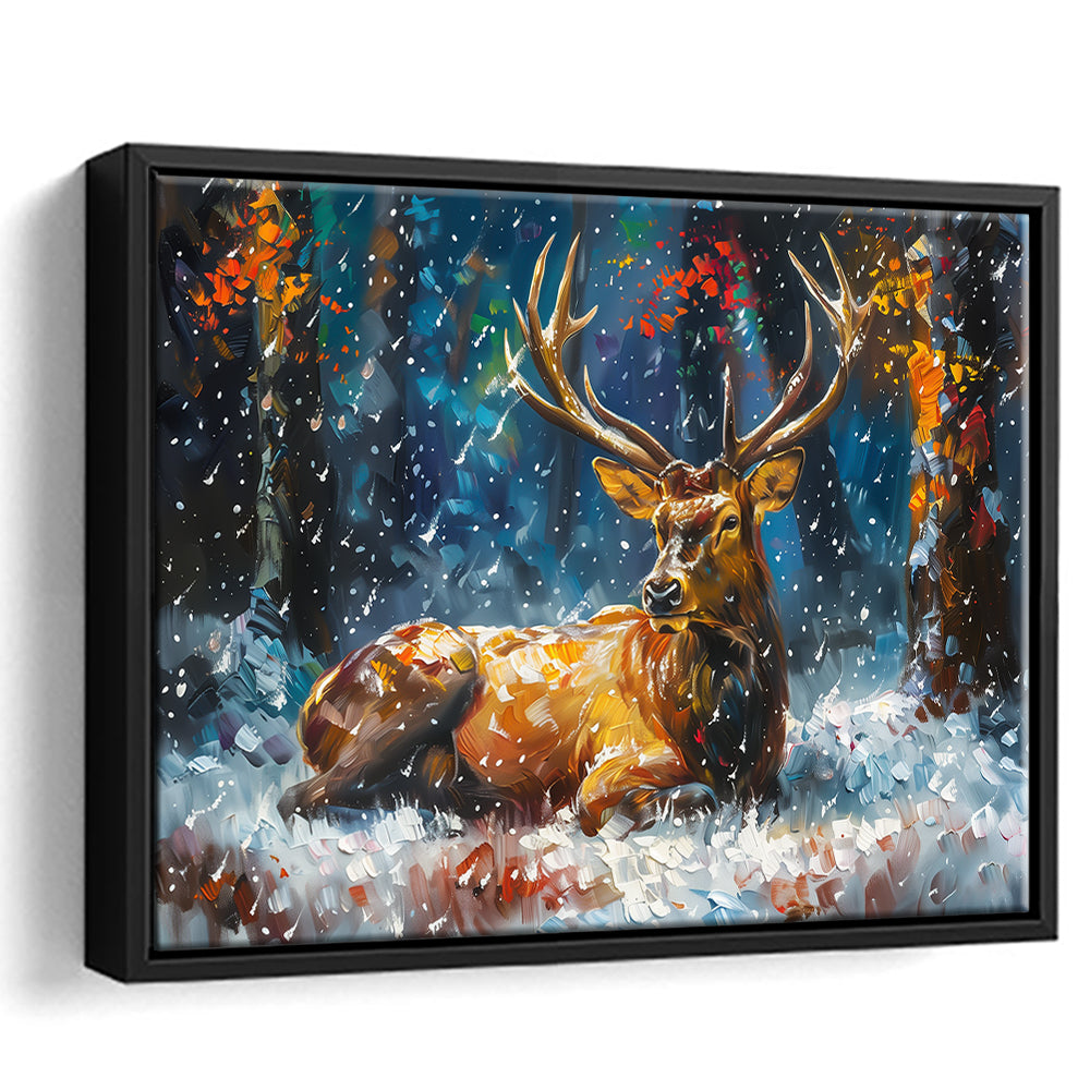 Colorful Elk And White Snow, Framed Canvas Print, Painting Art, Floating Framed Canvas Print Wall Art