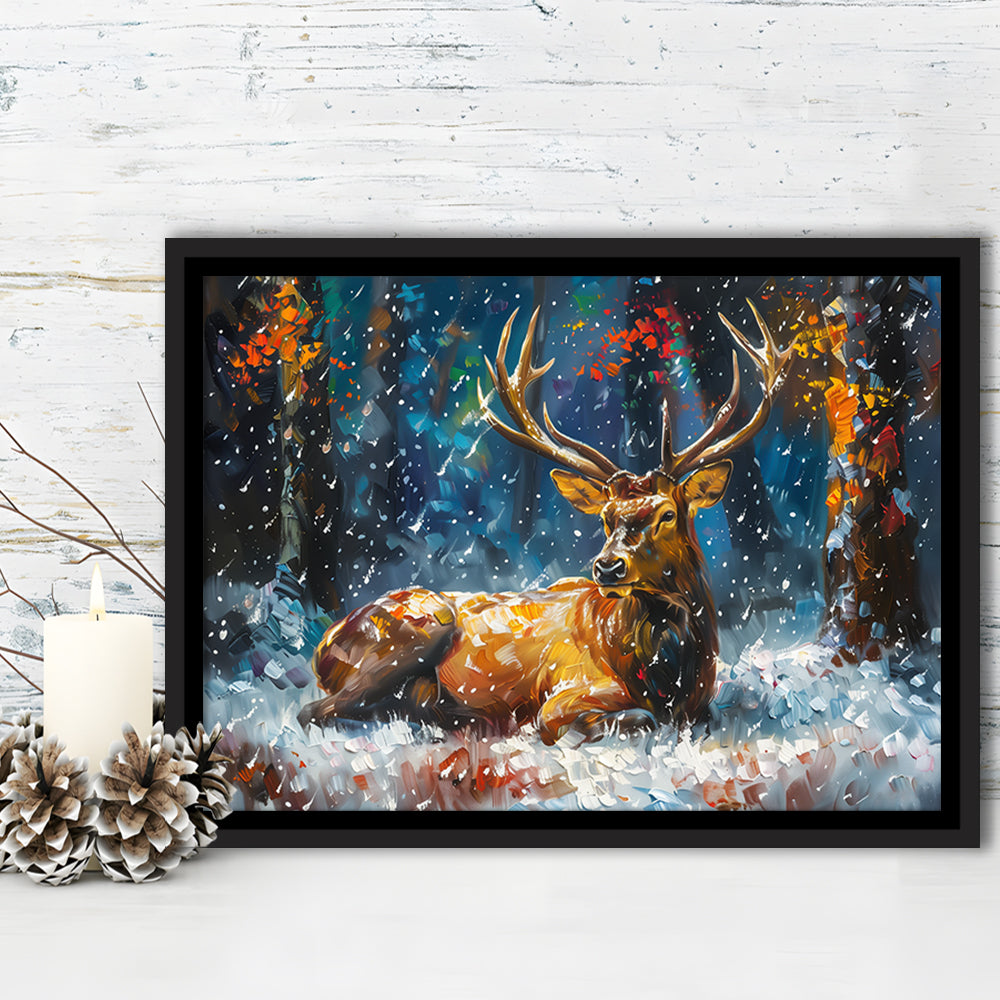Colorful Elk And White Snow, Framed Canvas Print, Painting Art, Floating Framed Canvas Print Wall Art
