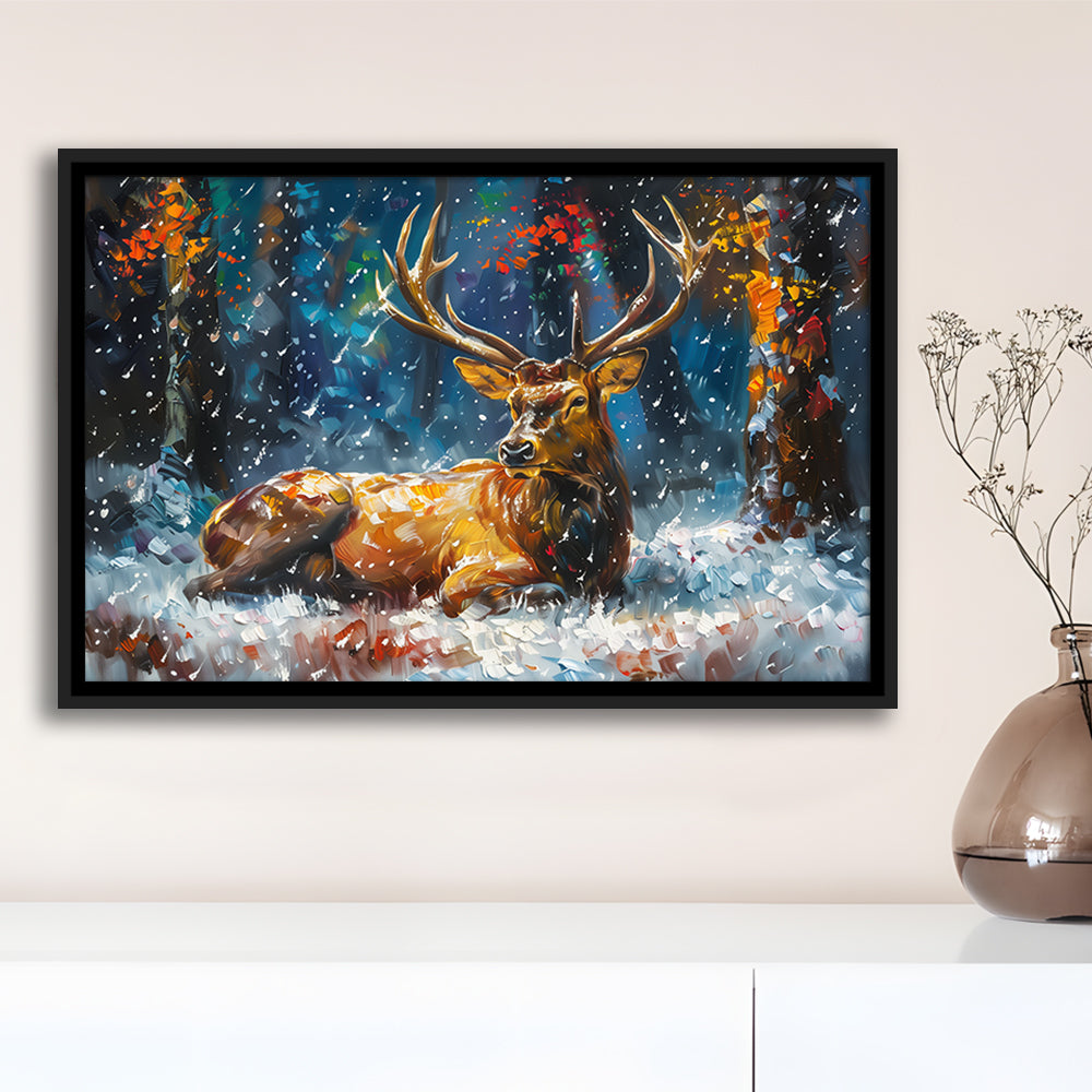 Colorful Elk And White Snow, Framed Canvas Print, Painting Art, Floating Framed Canvas Print Wall Art