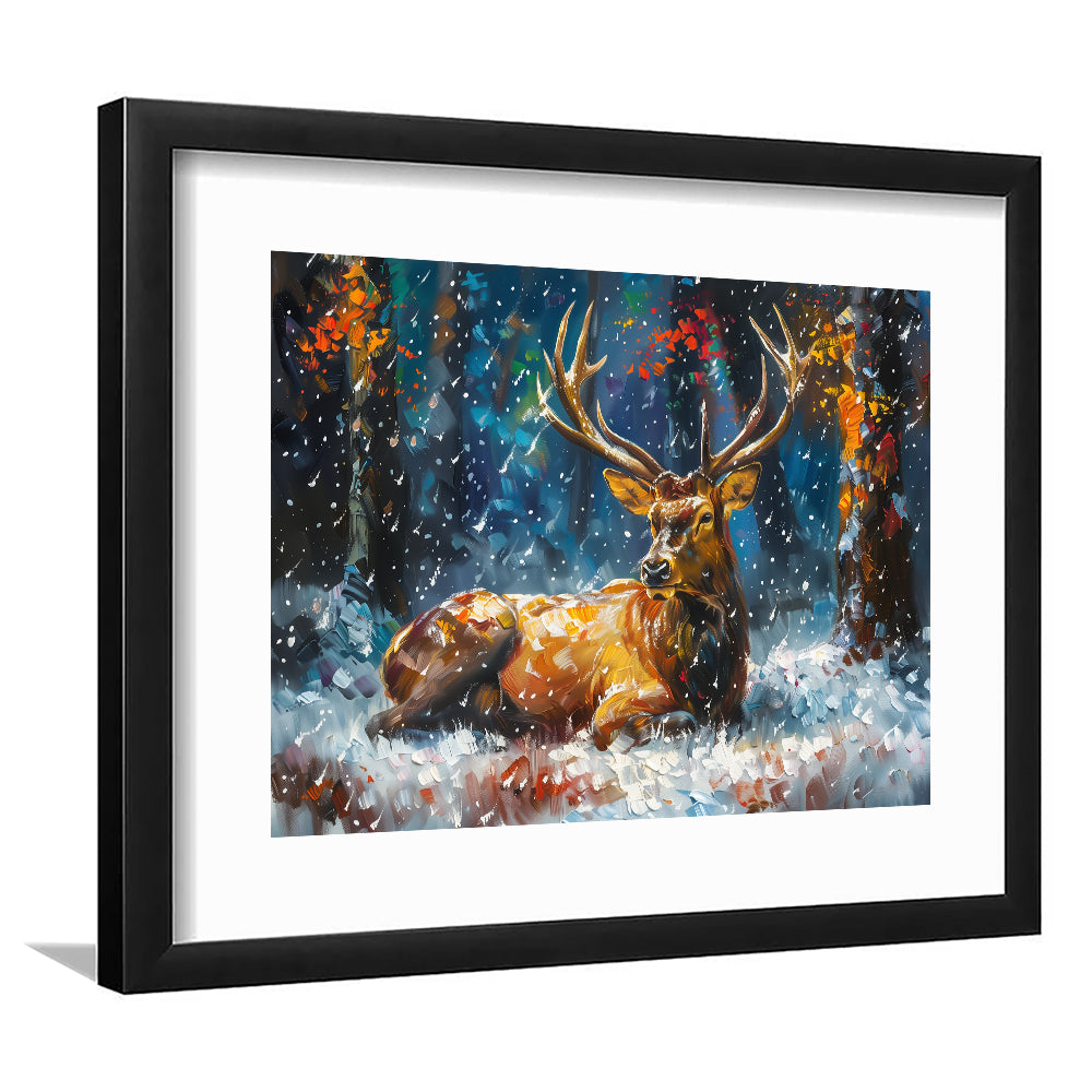 Colorful Elk And White Snow, Framed  Print, Painting Art, Framed Art Print White Border Wall Decor