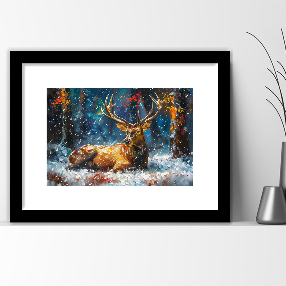 Colorful Elk And White Snow, Framed  Print, Painting Art, Framed Art Print White Border Wall Decor