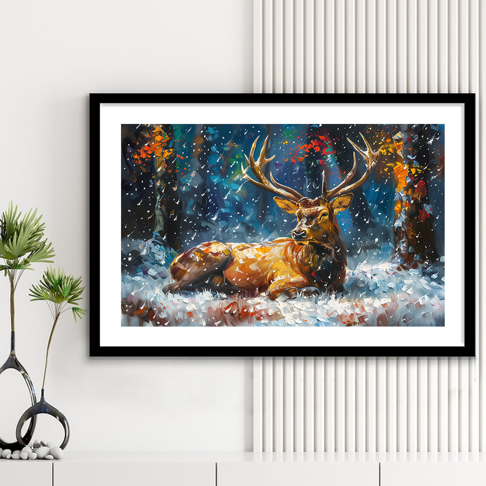 Colorful Elk And White Snow, Framed  Print, Painting Art, Framed Art Print White Border Wall Decor