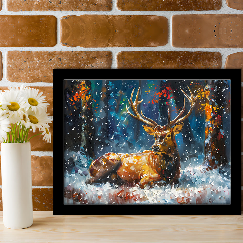 Colorful Elk And White Snow, Framed  Print, Painting Art, Framed Art Print Wall Decor, Framed Picture