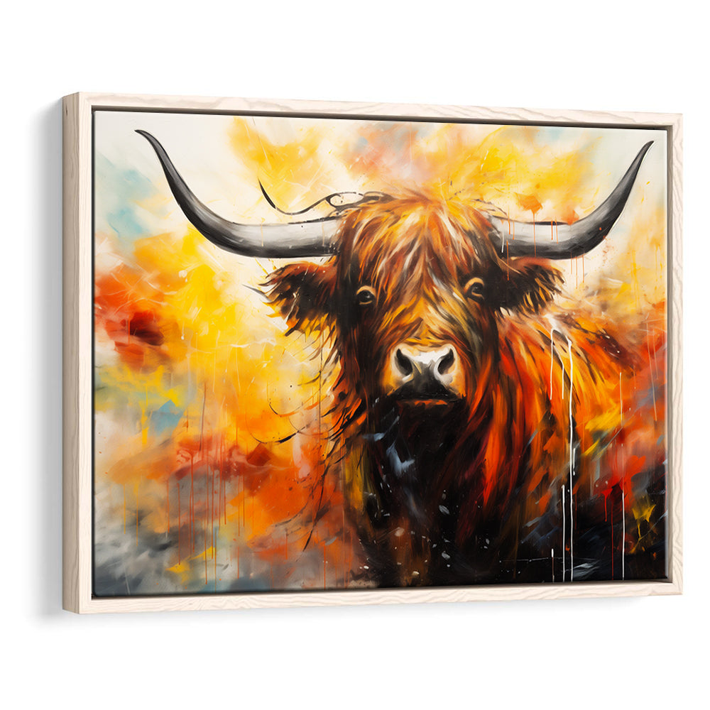 Colorful Highland Cow Long Horn Oil Painting, Framed Canvas Painting, Framed Canvas Prints Wall Art Decor