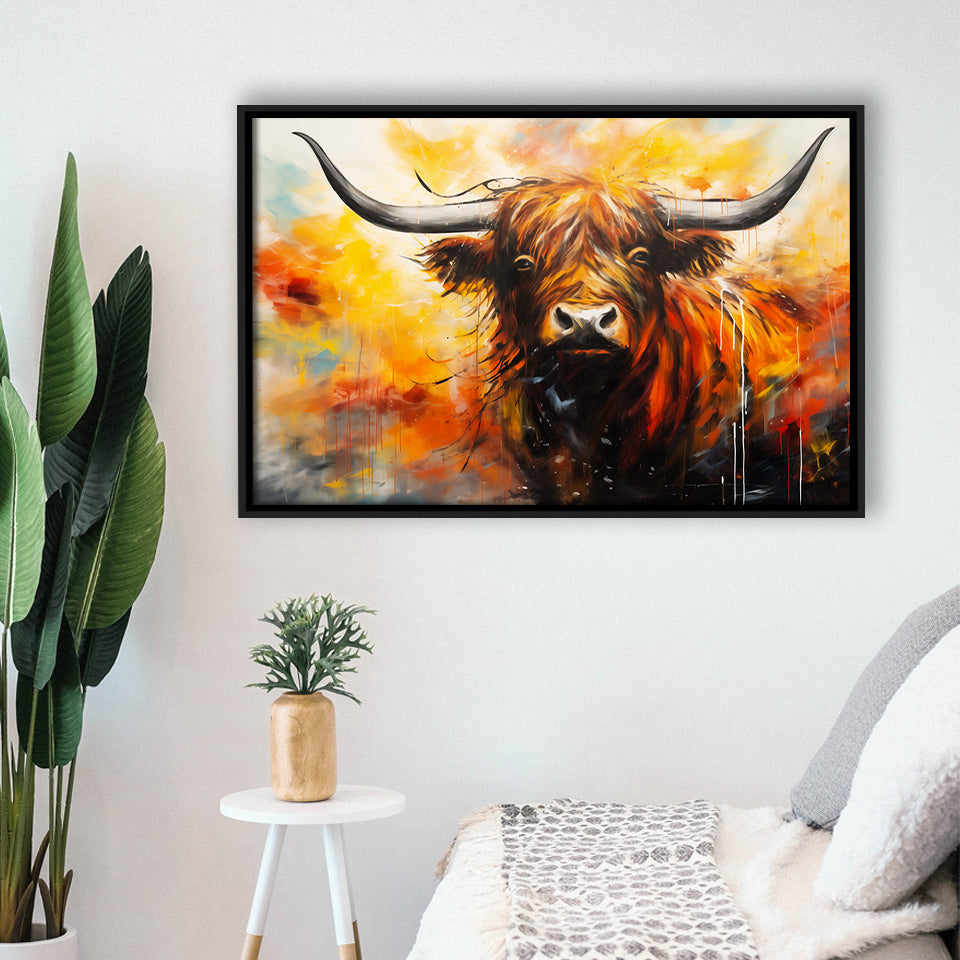 Colorful Highland Cow Long Horn Oil Painting, Framed Canvas Painting, Framed Canvas Prints Wall Art Decor