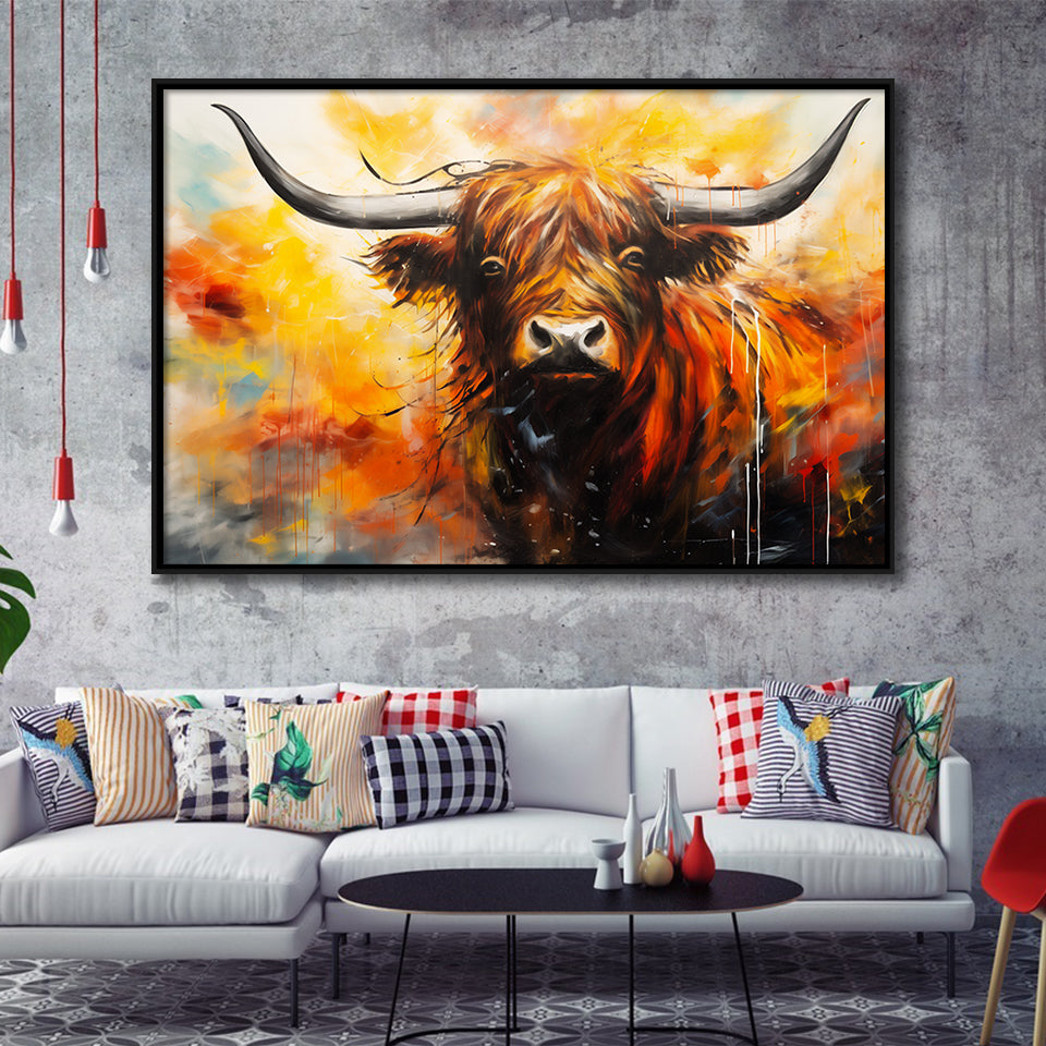 Colorful Highland Cow Long Horn Oil Painting, Framed Canvas Painting, Framed Canvas Prints Wall Art Decor