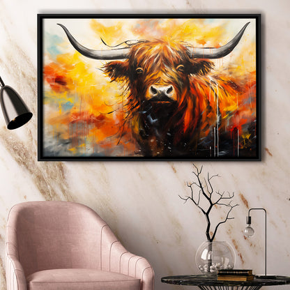 Colorful Highland Cow Long Horn Oil Painting, Framed Canvas Painting, Framed Canvas Prints Wall Art Decor