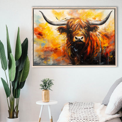 Colorful Highland Cow Long Horn Oil Painting, Framed Canvas Painting, Framed Canvas Prints Wall Art Decor