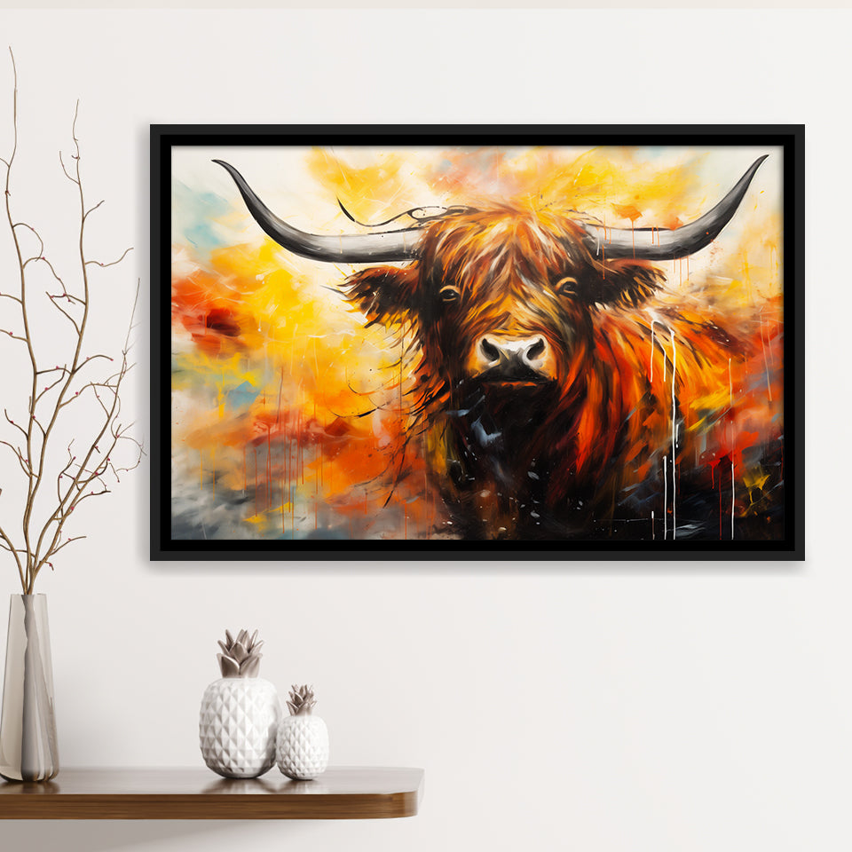 Colorful Highland Cow Long Horn Oil Painting, Framed Canvas Painting, Framed Canvas Prints Wall Art Decor