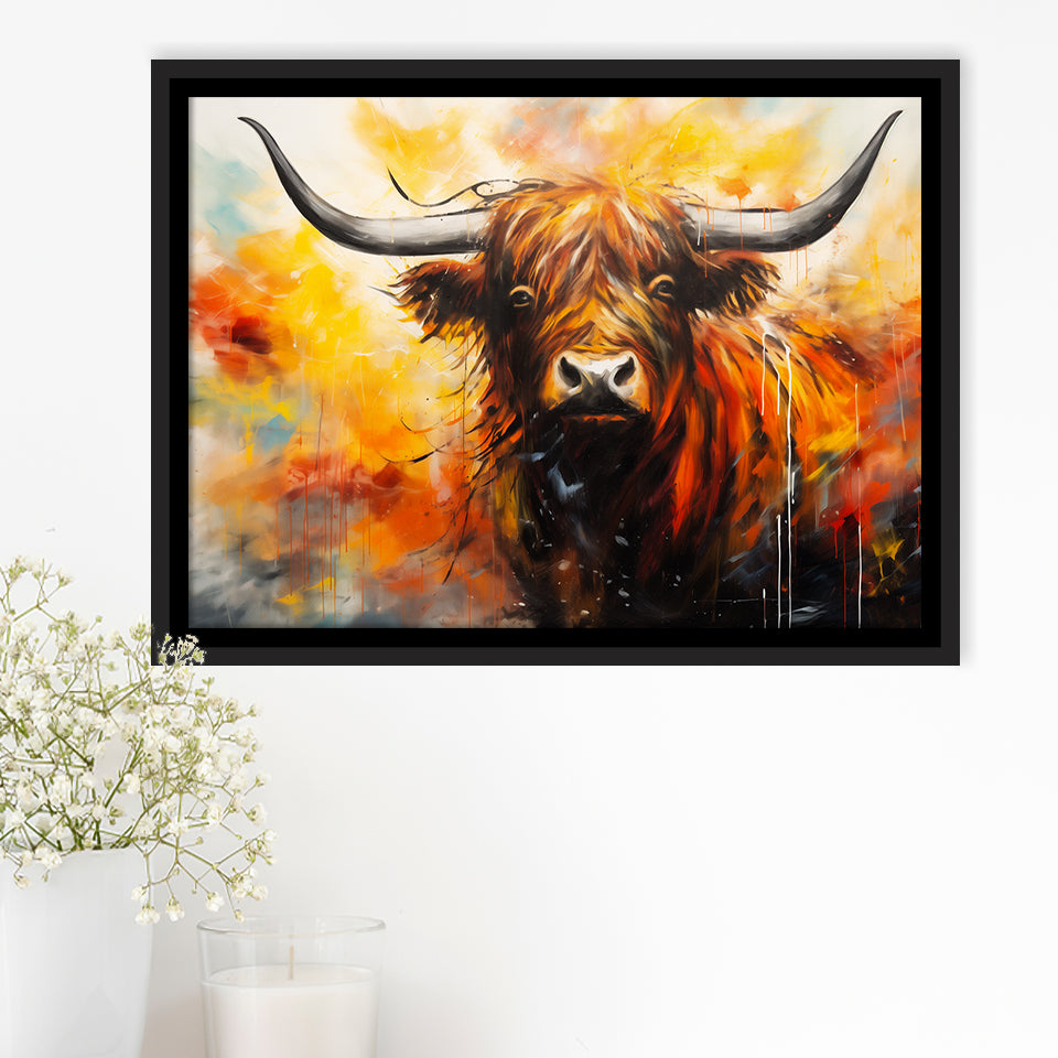Colorful Highland Cow Long Horn Oil Painting, Framed Canvas Painting, Framed Canvas Prints Wall Art Decor