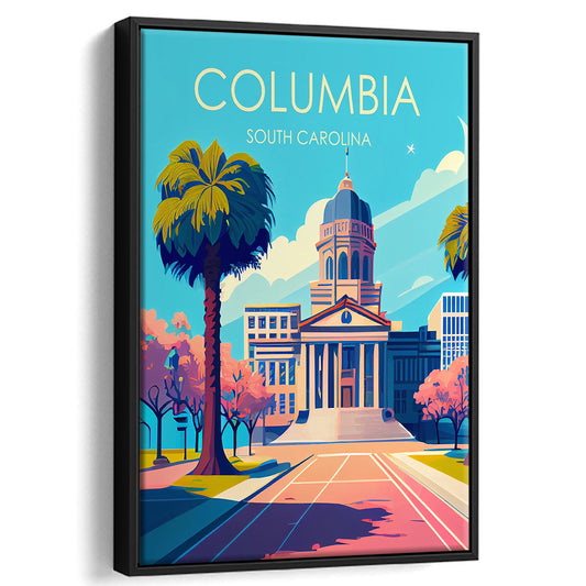 Columbia South Carolina Retro Art Print, Columbia City Wall Art, Floating Framed Canvas Print, Framed Picture, Painting Canvas