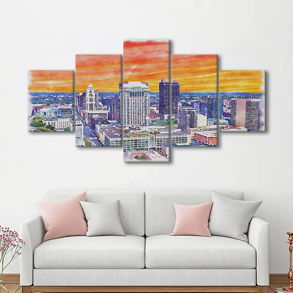 Columbus Watercolor Painting Canvas, Columbus Ohio, Sport Art, Mixed 5 Panel, Canvas Print Wall Art