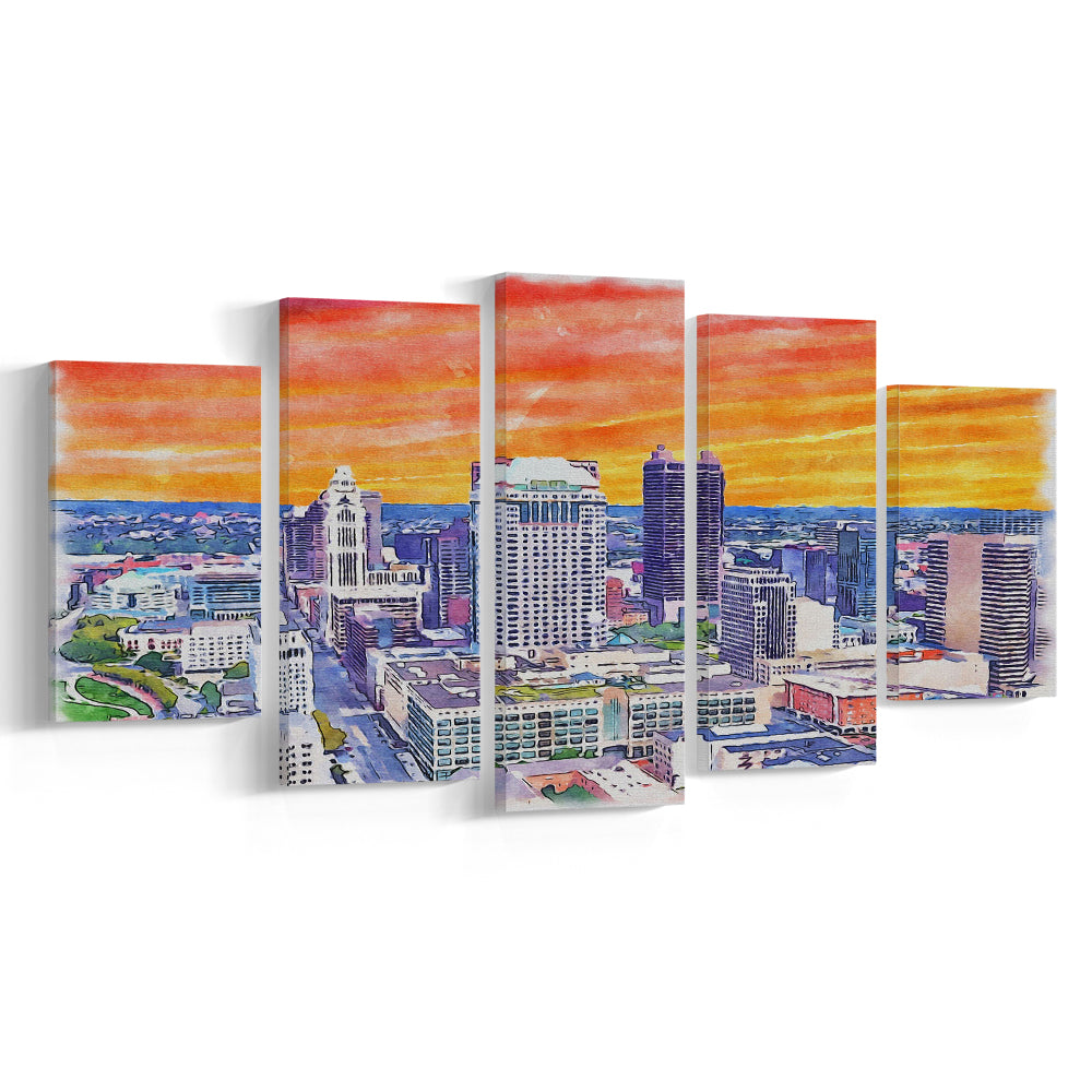 Columbus Watercolor Painting Canvas, Columbus Ohio, Sport Art, Mixed 5 Panel, Canvas Print Wall Art