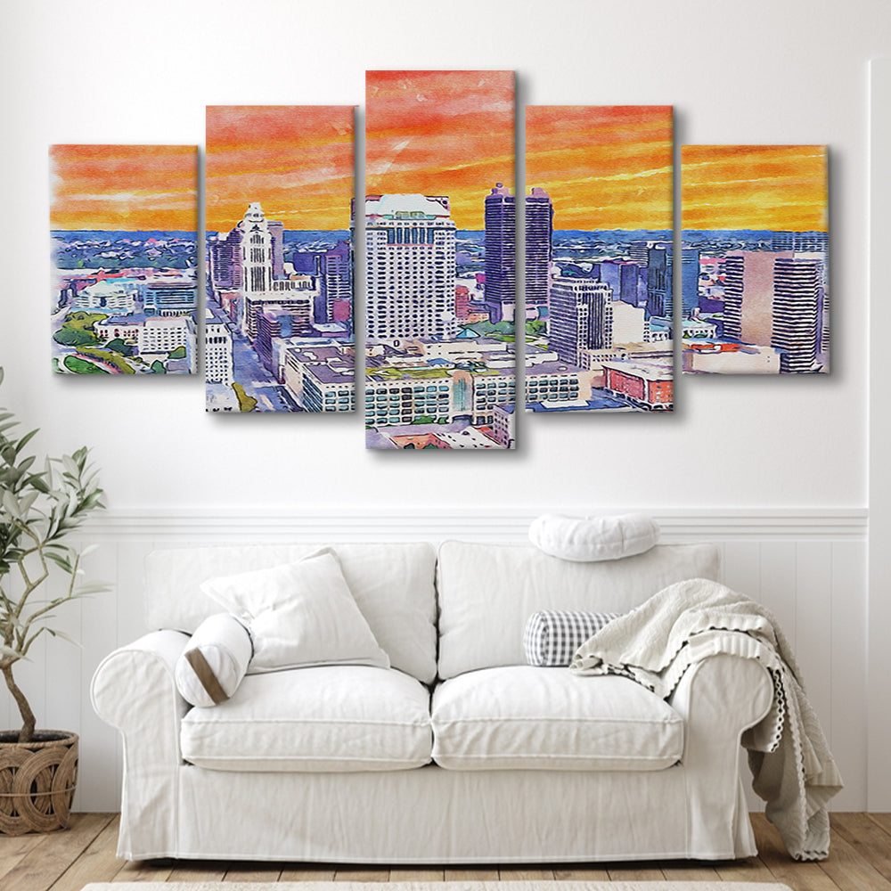 Columbus Watercolor Painting Canvas, Columbus Ohio, Sport Art, Mixed 5 Panel, Canvas Print Wall Art