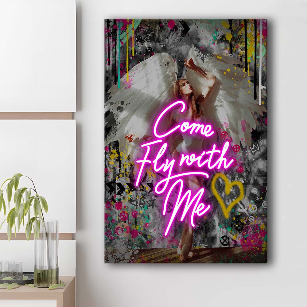 Come Fly With Me, Neon Sign Effect Art, Canvas Print, Luxury Wall Art Decor, Modern Art