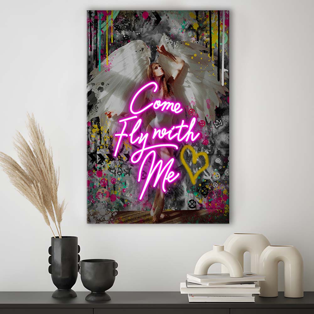 Come Fly With Me, Neon Sign Effect Art, Canvas Print, Luxury Wall Art Decor, Modern Art