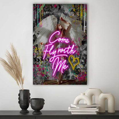 Come Fly With Me, Neon Sign Effect Art, Canvas Print, Luxury Wall Art Decor, Modern Art