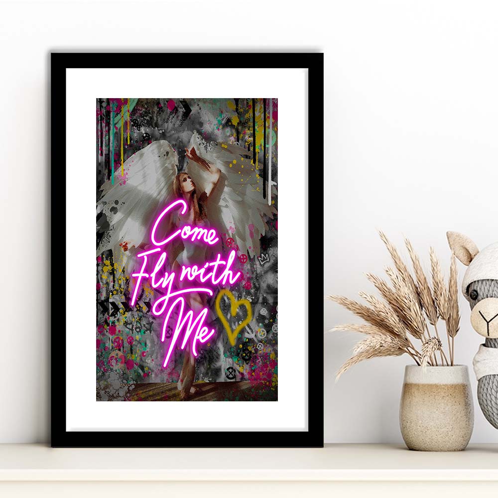 Come Fly With Me, Neon Sign Effect Art, Framed Art Print, Luxury Pictures Framed, White Border