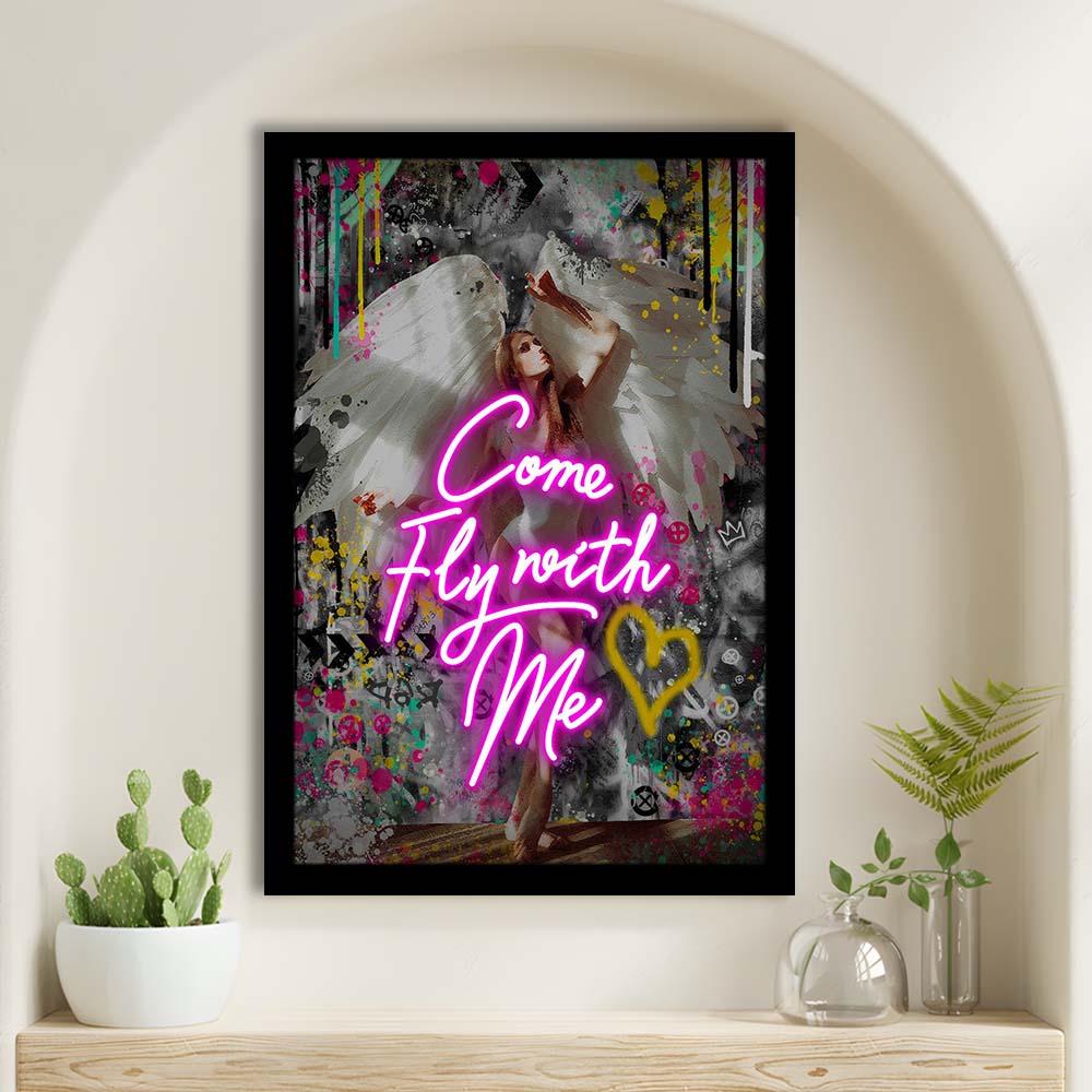 Come Fly With Me, Neon Sign Effect Art, Framed Art Print, Picture Framed Wall Art Decor