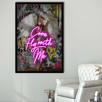Come Fly With Me, Neon Sign Effect Art, Framed Art Print, Picture Framed Wall Art Decor